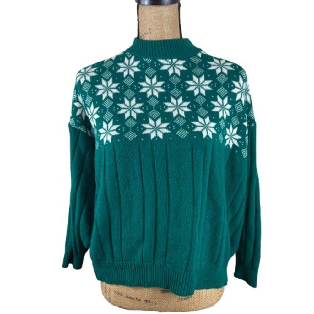 Vintage American Pride Mock Neck‎ Christmas Sweater Green Snowflake Size Large